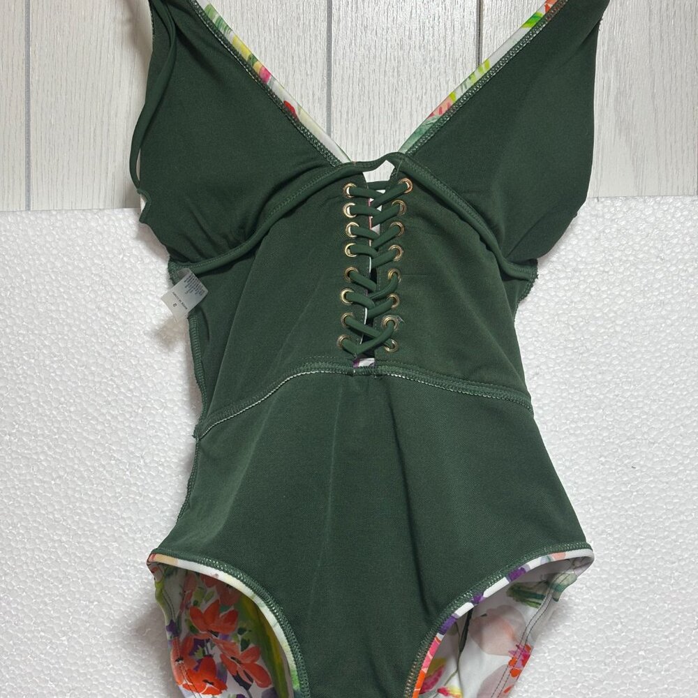 TINIBIKINI Watercolour Tropical Print & Sage Green REVERSIBLE One Piece Swimsuit